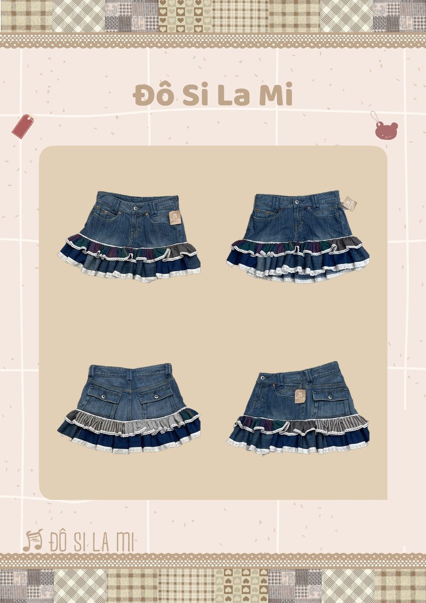 Chân váy jean patchwork bèo ren nhiều màu xanh tím đỏ đô