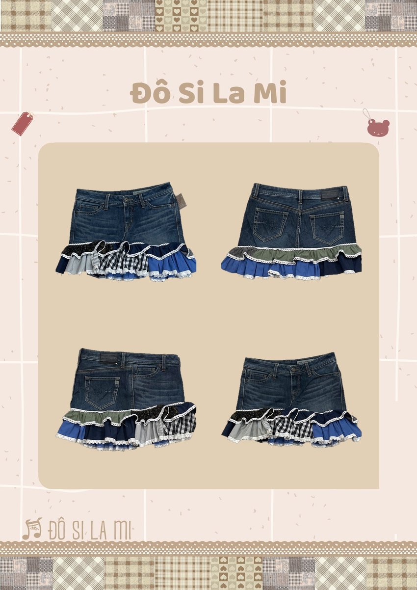 Chân váy jean patchwork bèo ren caro navy xanh